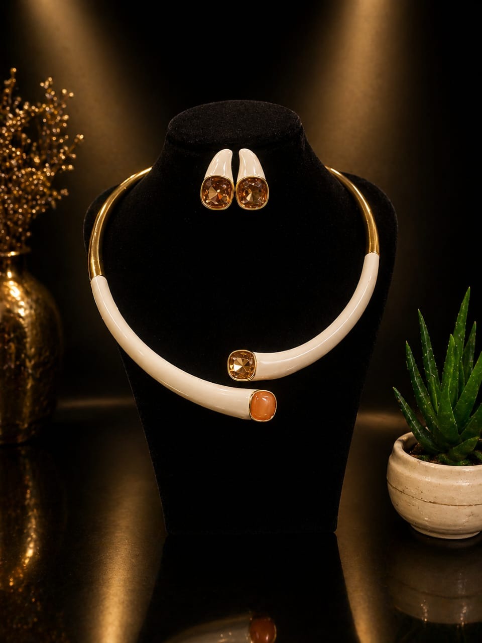 Elegant Gold & Ivory Statement Jewelry Set – Modern Luxury Necklace and Earrings Collection
