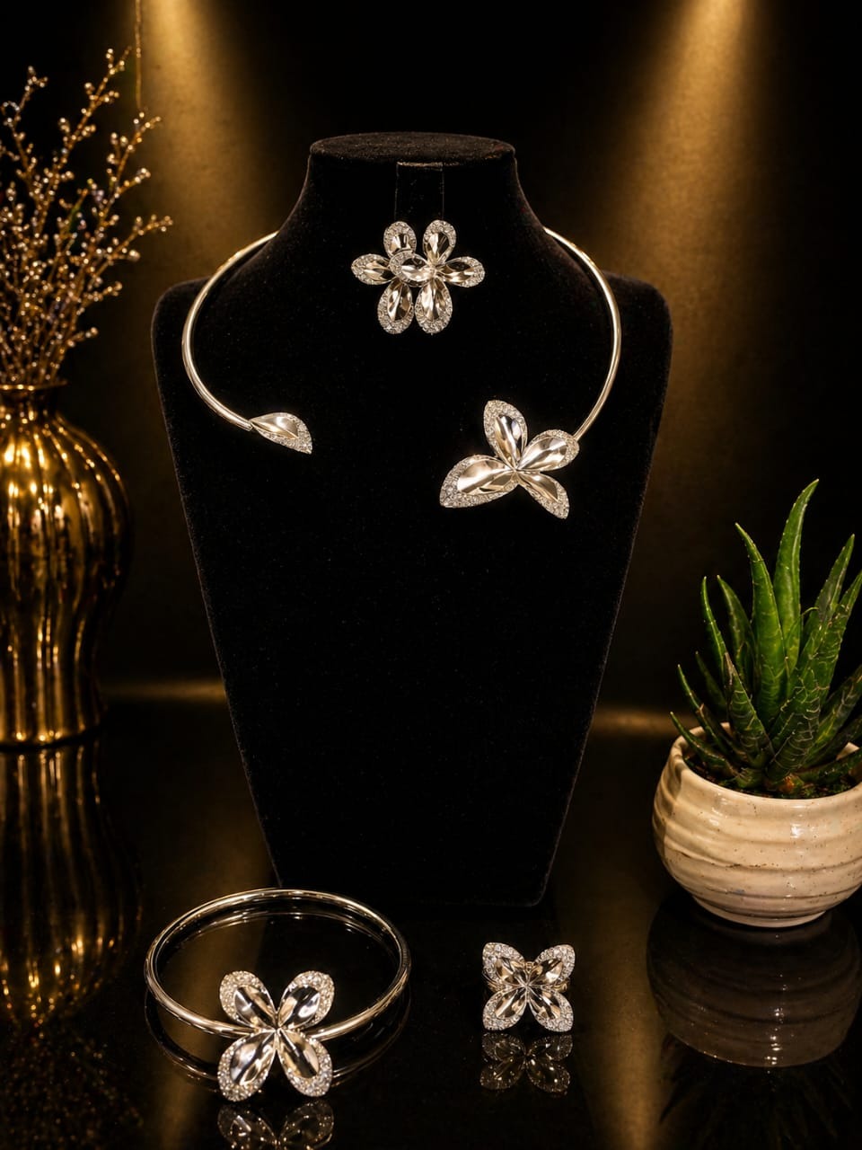 Elegant Floral Silver Jewelry Set – Luxury Necklace, Earrings, Ring & Bracelet Collection